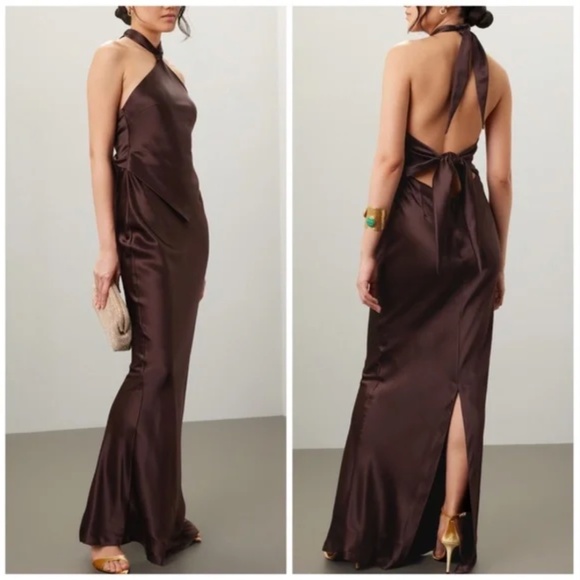 Retrofete Ester Halter Satin Maxi Dress Chocolate Brown Tie Open Back - SMALL - Picture 1 of 12